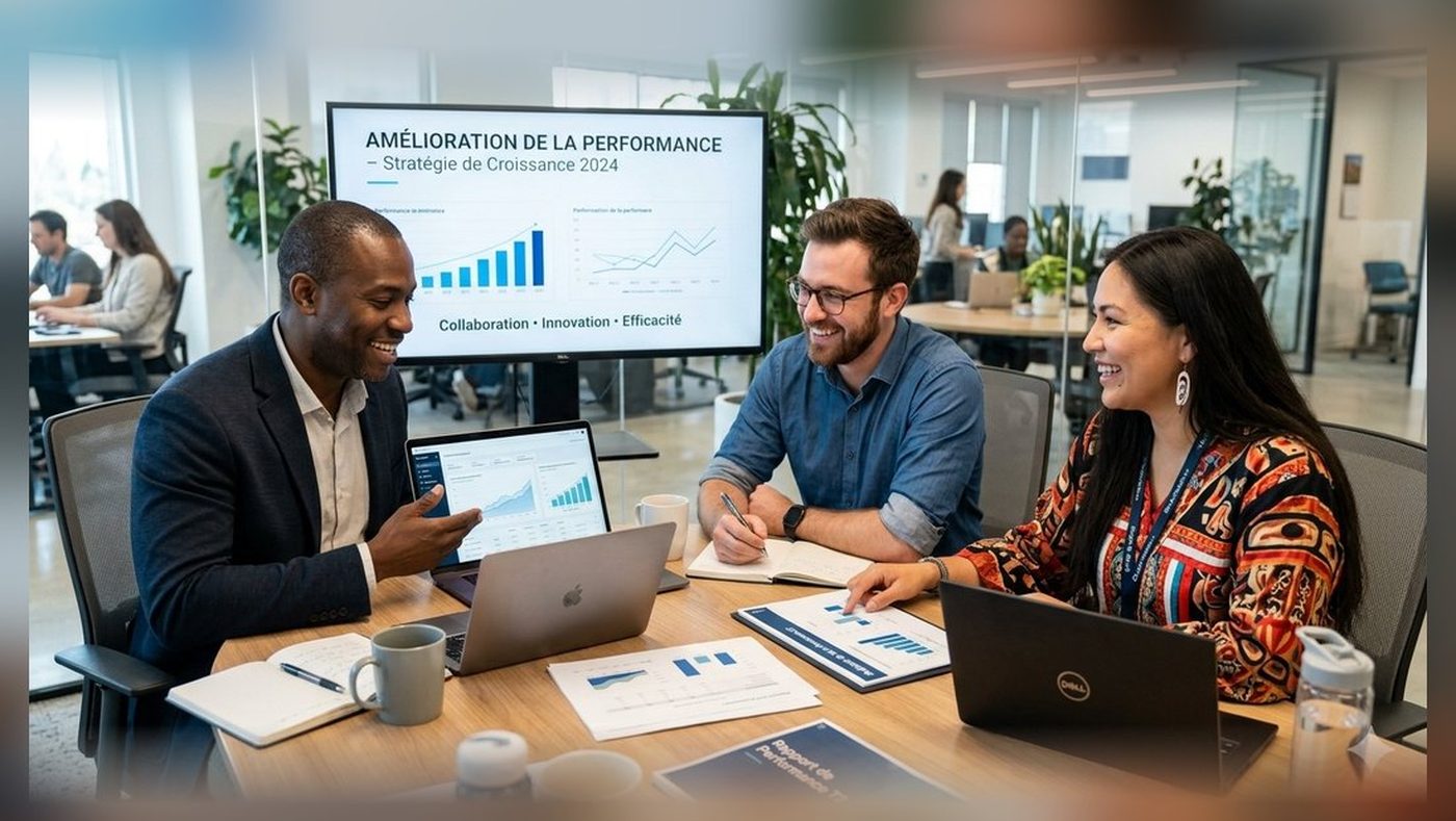 Réunion de travail autour de tableaux de bord de performance et d'indicateurs d'activité.